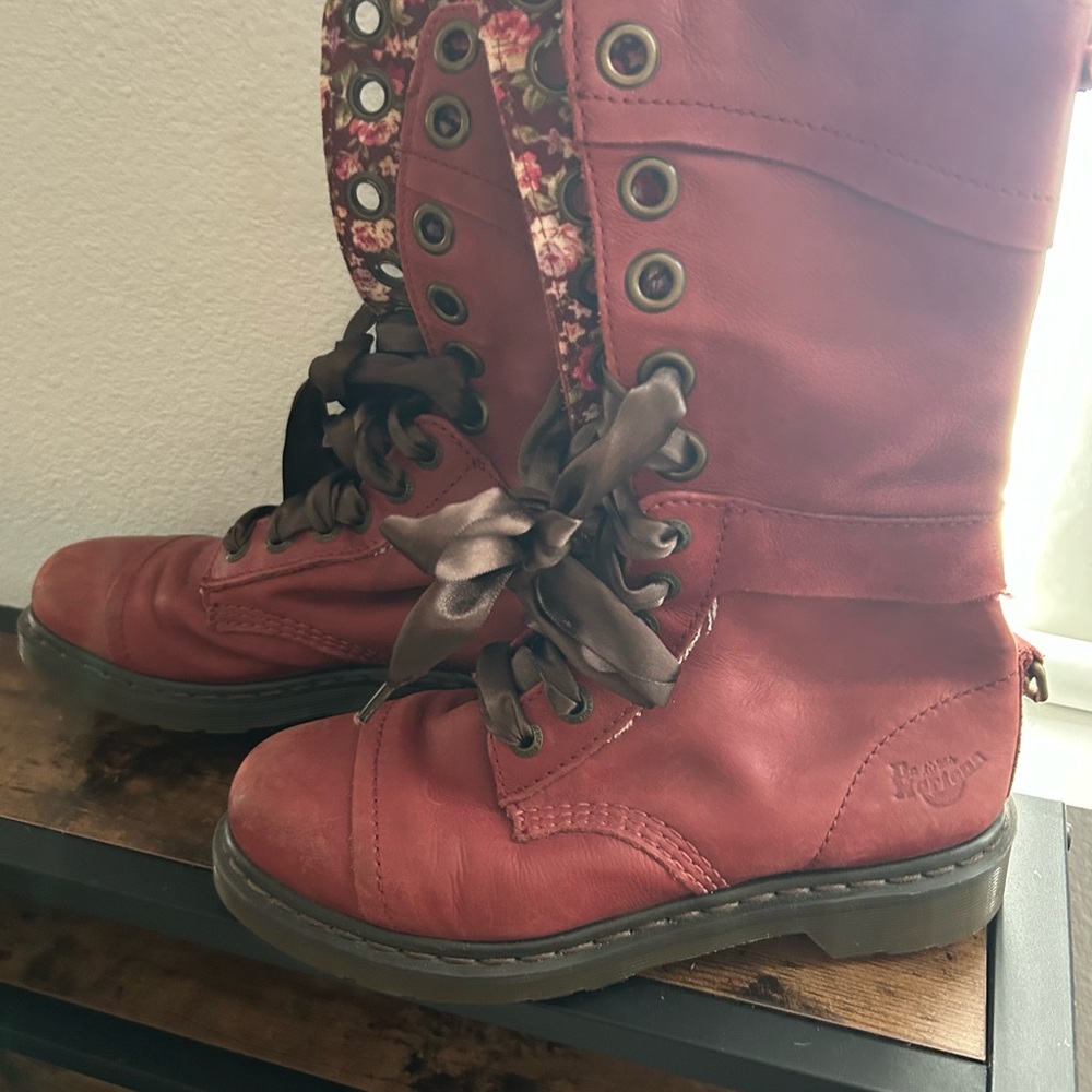 Doc Martin Red Leather Women's Boots with floral inside and satin laces